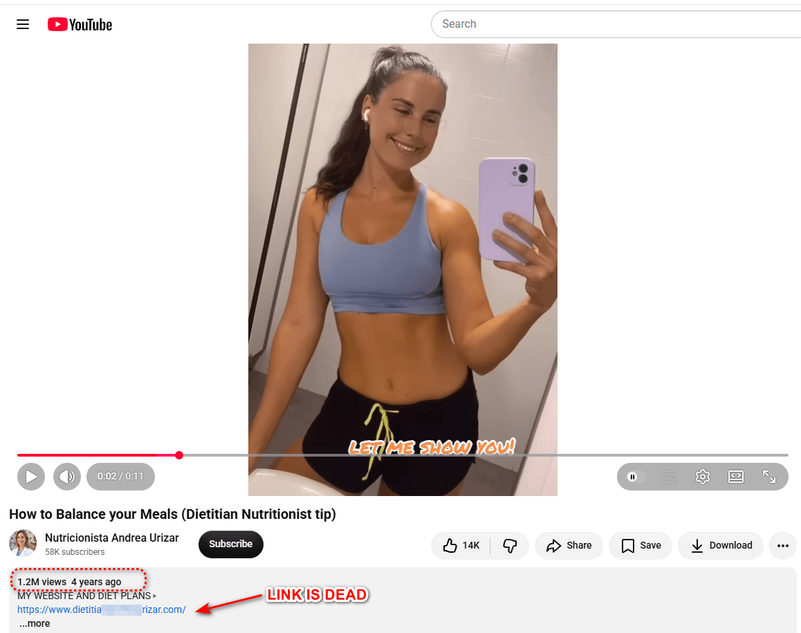 A YouTube video with 1.2 million views whose description links to a website that no longer works